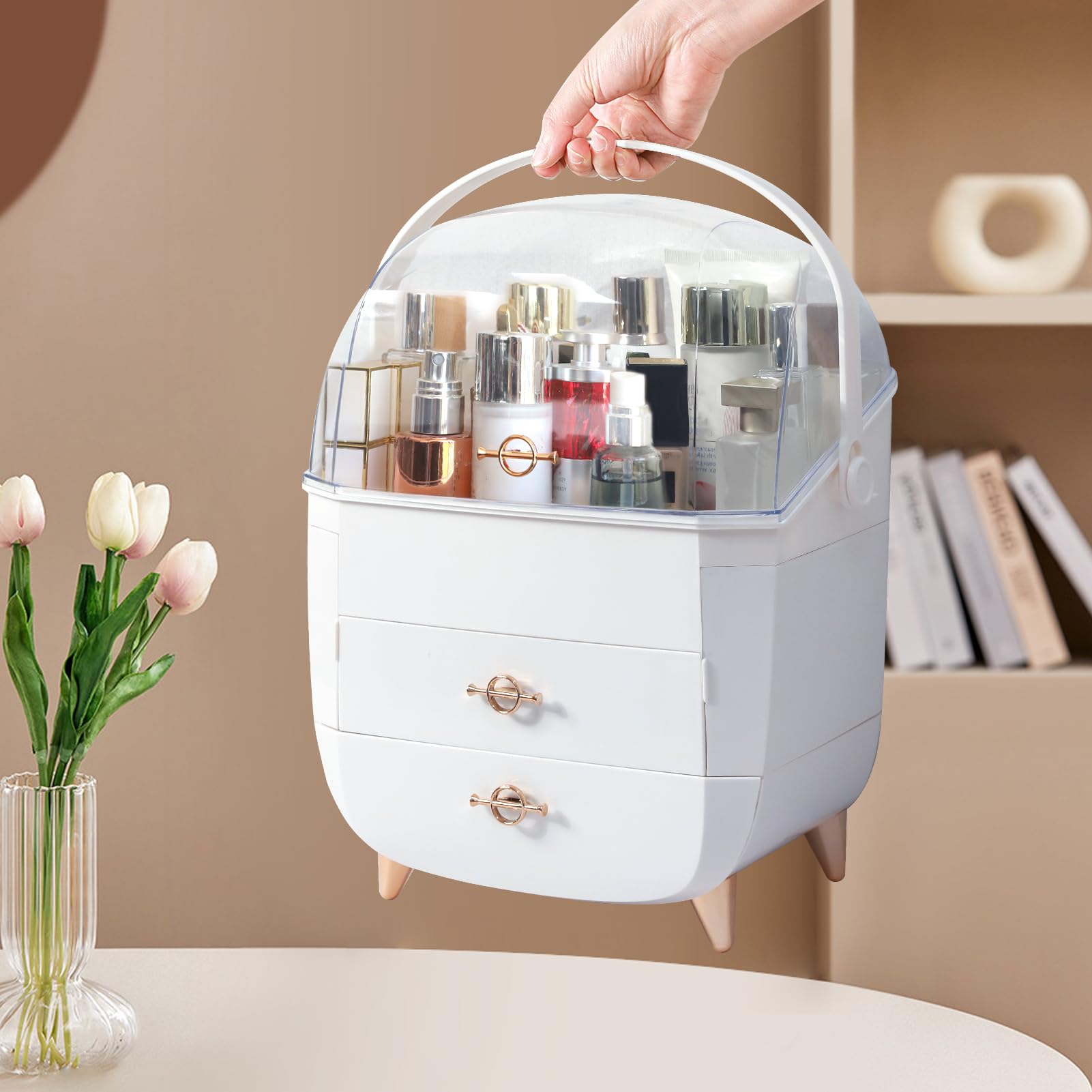 Ancaixin Makeup Organizer For Vanity, Portable Skincare Organizers With Lid And Drawers, Make Up Storage & Cosmetic Display Case