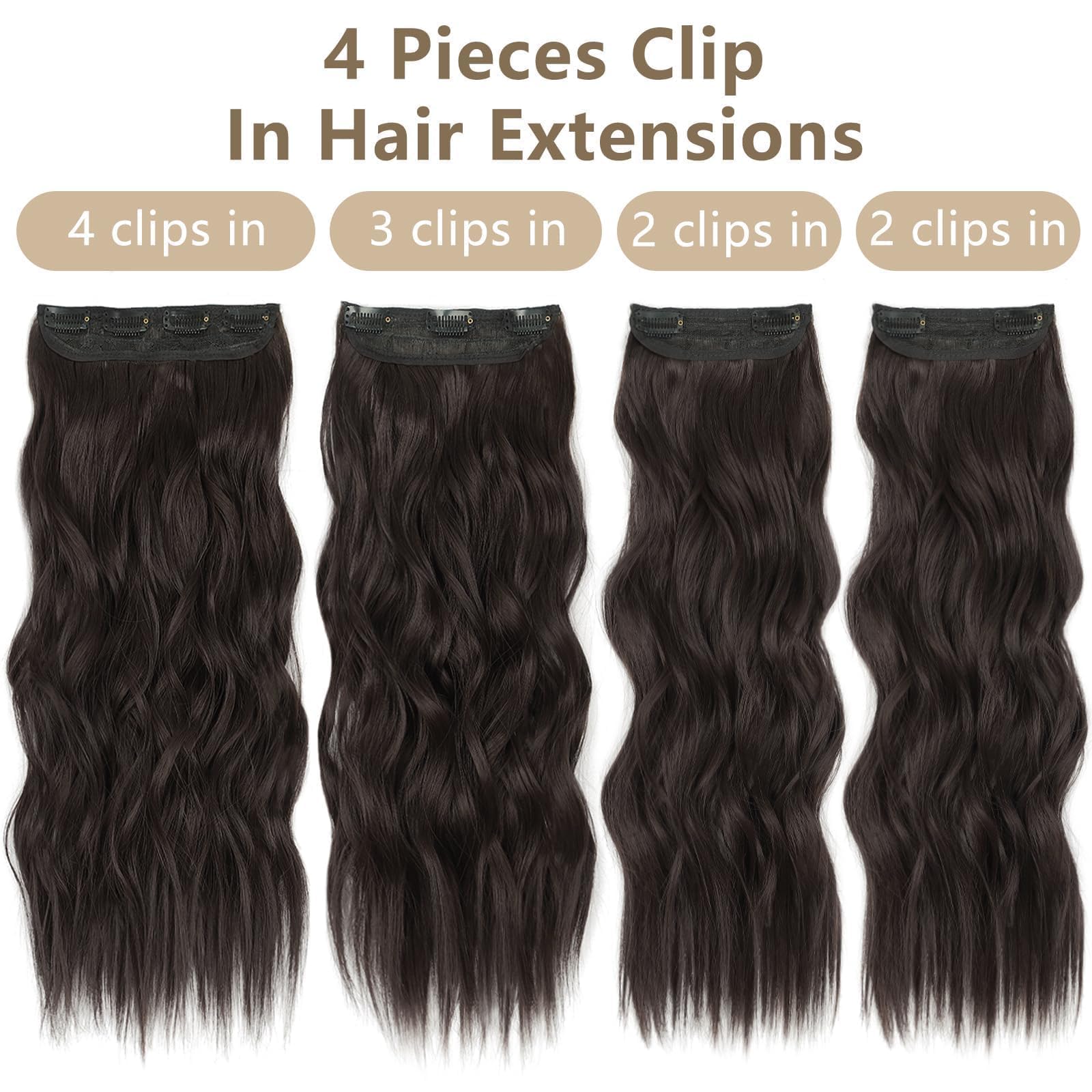 Alxnan Clip In Long Wavy Synthetic Hair Extension 4Pcs 24 Inch Dark Brown Thick Hairpieces Fiber Double Weft Hair For Women