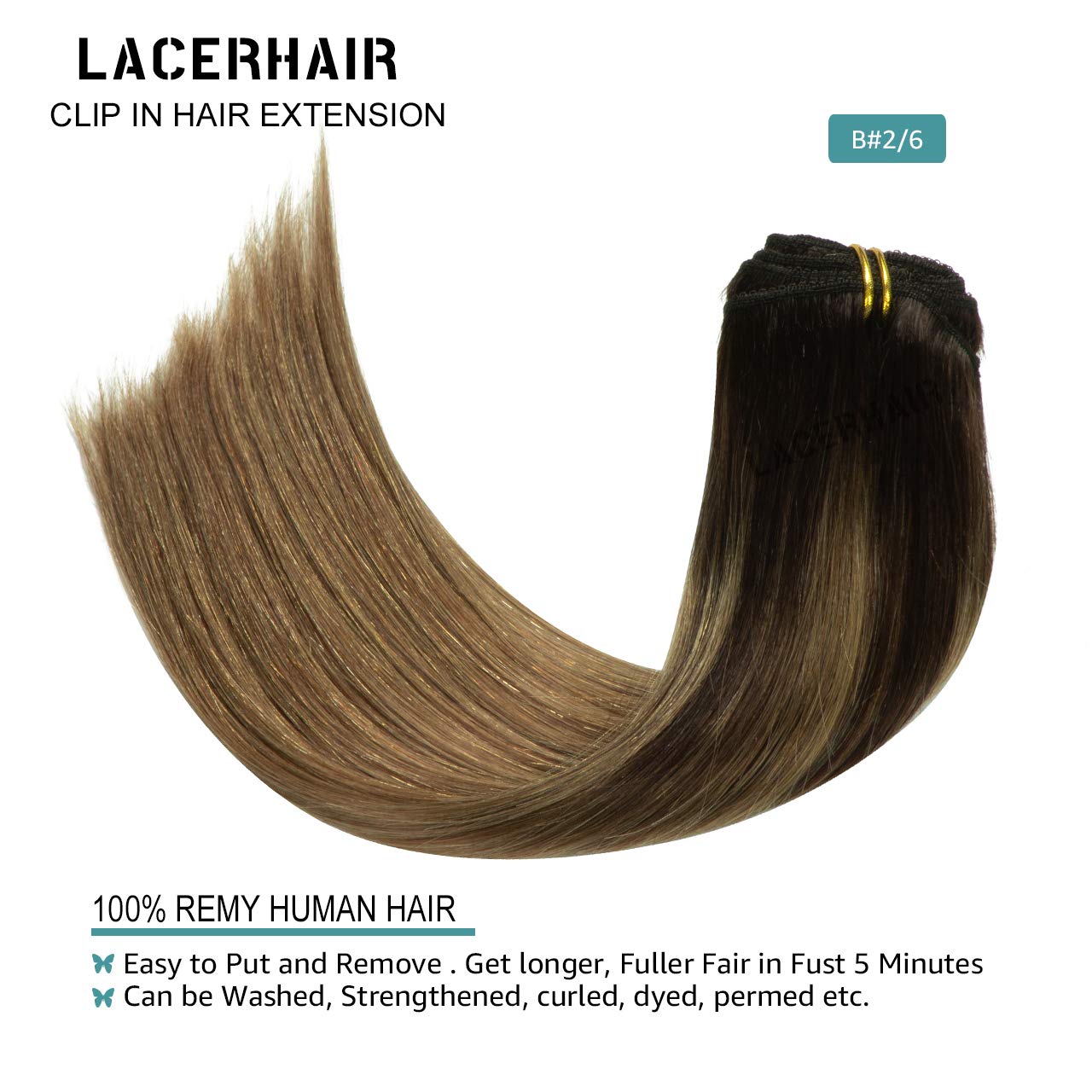 Lacer Clip In Hair Extensions Human Hair Ombre Darkest Brown #2 To Chestnut Brown #6 Real Hair Extensions Clip In Human Hair Str