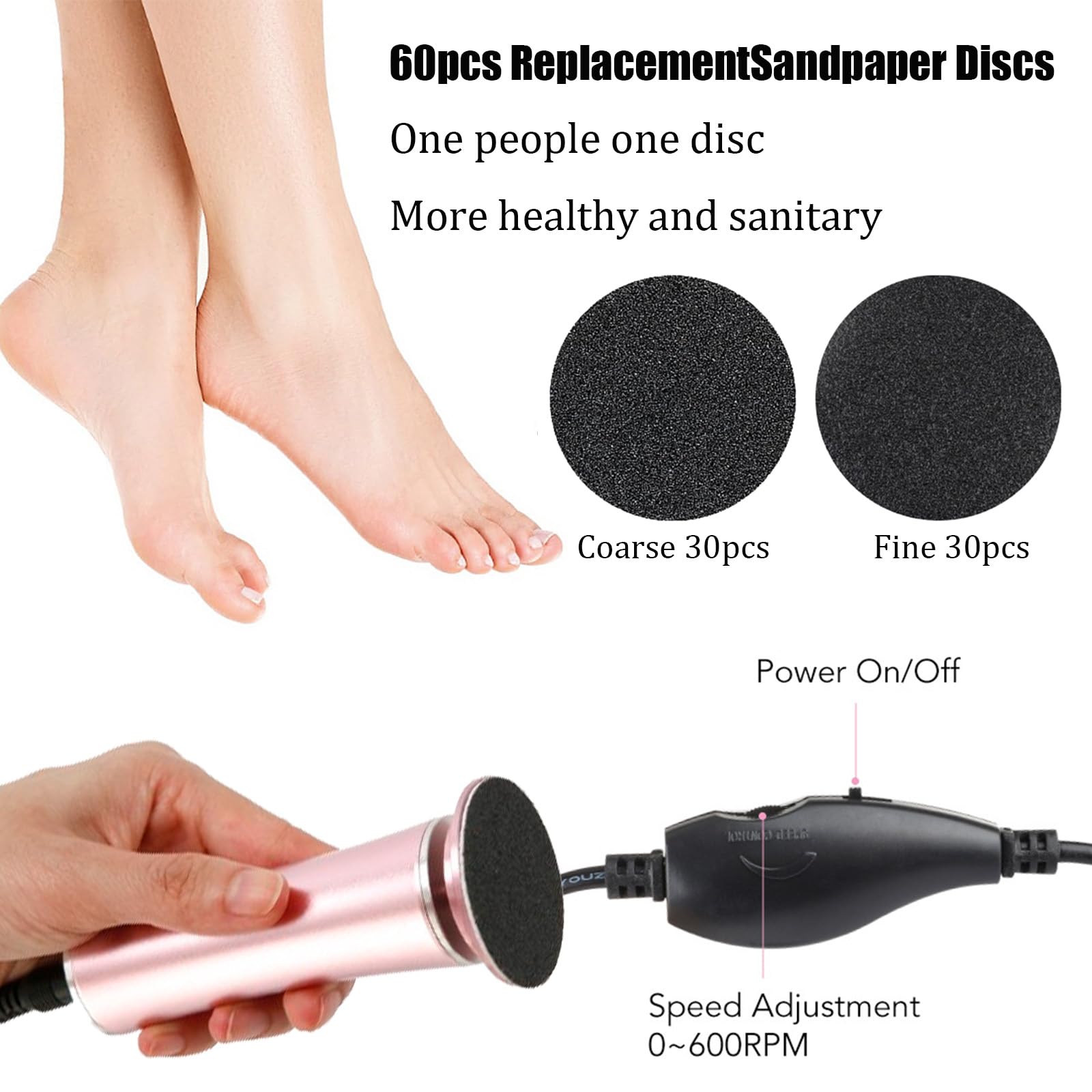 Electric Foot File Callus Remover Professional Foot File Pedicure Tools Adjustable Speed 60Pcs Replacement Sandpaper Disc Easy T
