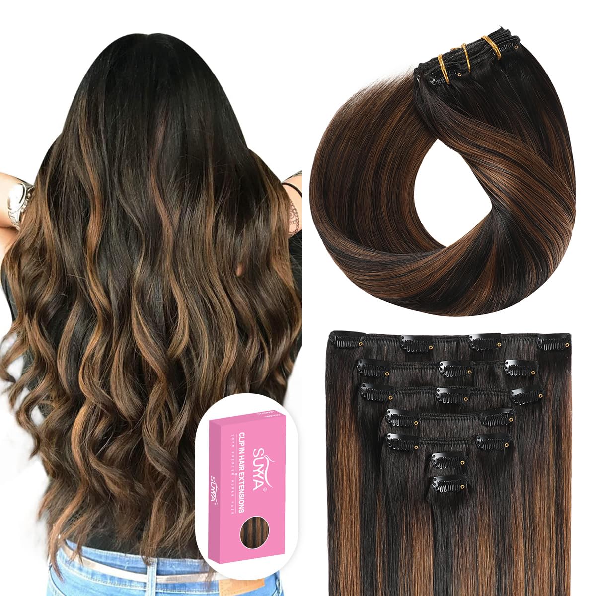 SUYYA Clip in Hair Extensions Real Human Hair 14 inch 110g 7pcs Hair Extensions Real Human Hair Clip ins Silky Straight Double W