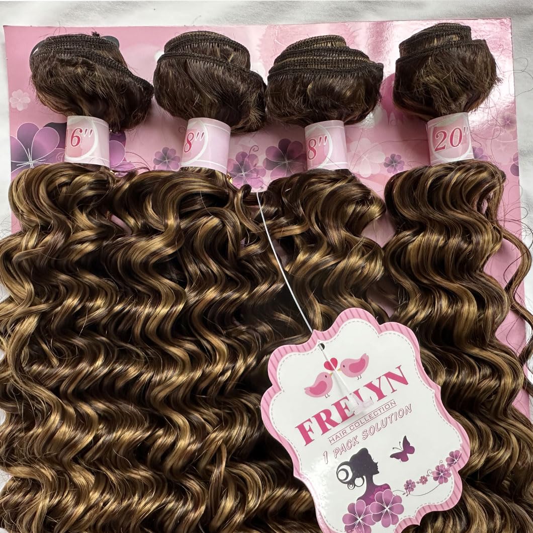 Frelyn Deep Wave Bundles Synthetic Curly Hair Bundles Quick Weave Hair Bundles Brown And Honey Blonde Highlight Ombre Colored Ha