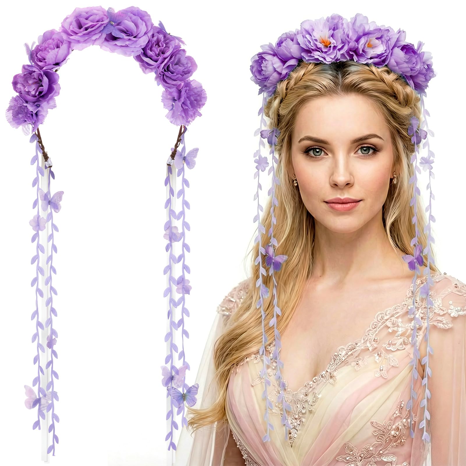 Syhood Flower Headband Floral Fairy Crown Adjustable Butterfly Flower Headpiece with Ribbon for Bridal Renaissance(Purple)