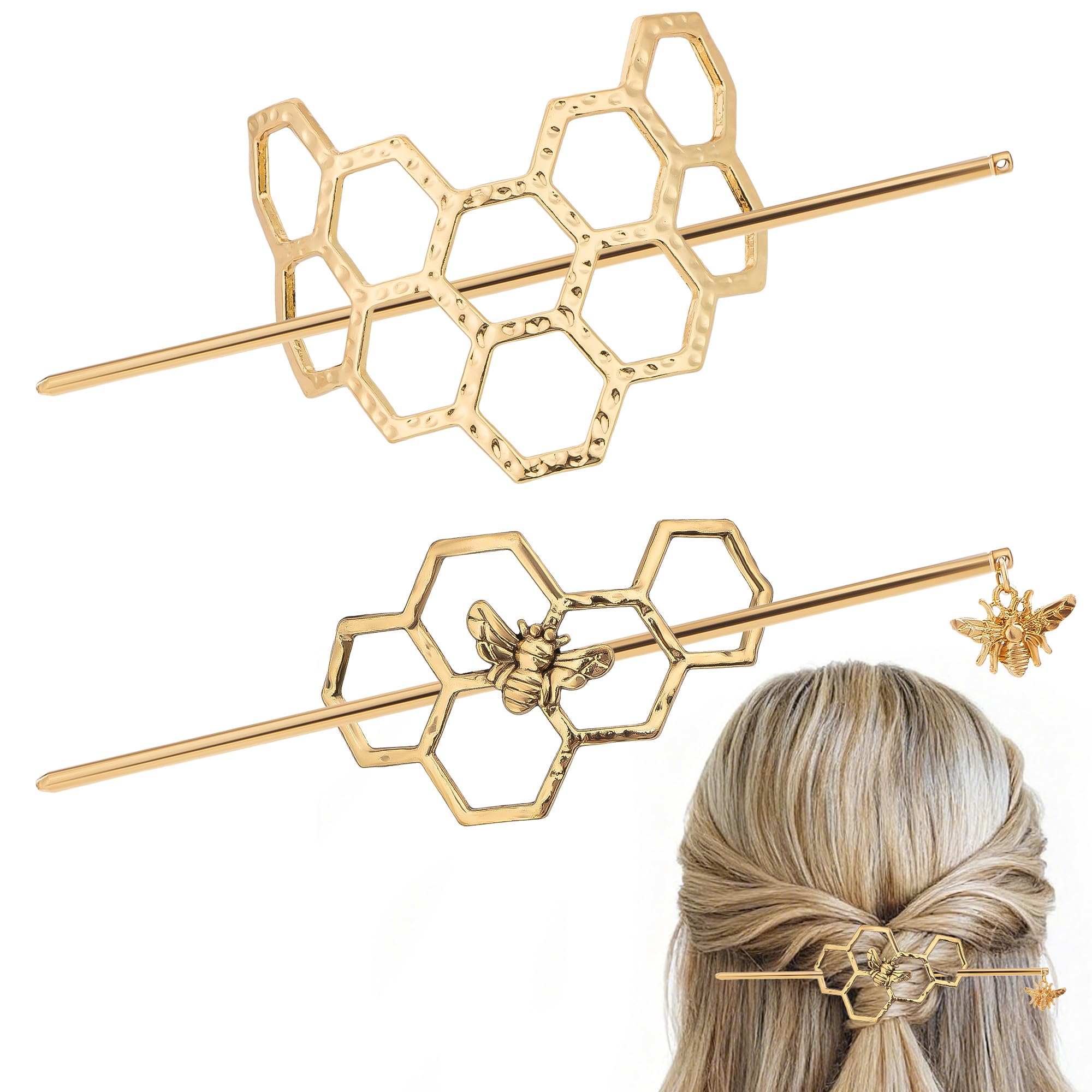 SHIDOW Minimalist Gold Honeycomb & Bee Hair Stick Pins, 2 Pack Metal Barrettes, Practical Hair Clips for Buns Updos, Fashion Acc