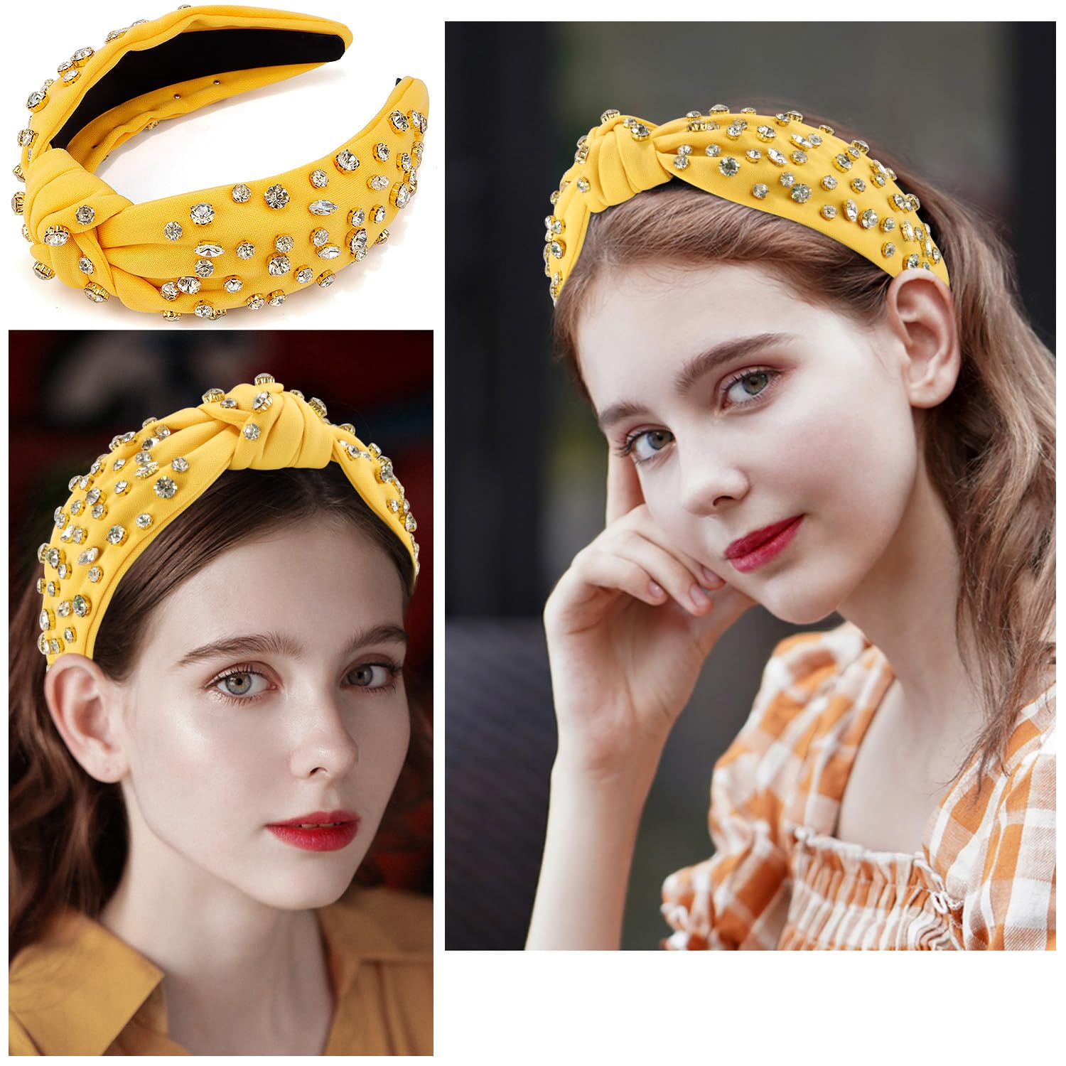 Atoden Yellow Knotted Rhinestone Headband - Wide Top Knot Beaded Crystal Jeweled Headbands For Women'S Hair, Sparkly Embellished