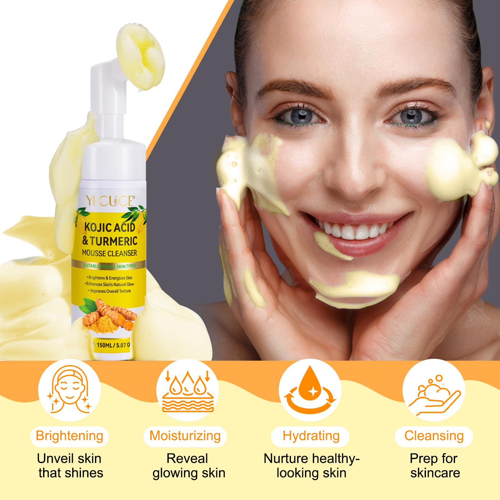 A R B C R N Turmeric Cleansing Mousse,Kojic Acid Facial Cleanser For Fce Wash And Firming Skin,Remove Excess Keratin-Deep Clean