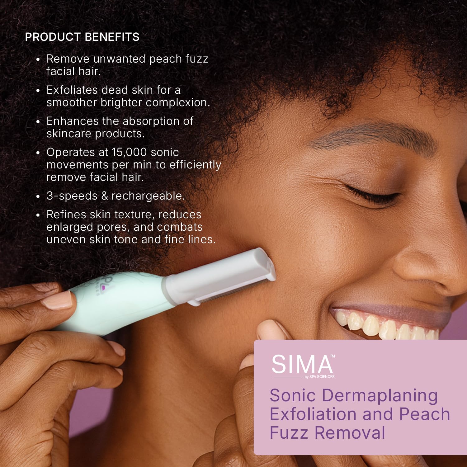 SPA SCIENCES - SIMA Patented Dermaplane Razor for Women Face - Painless 2-in-1 Facial Exfoliation & Peach Fuzz Hair Removal - An