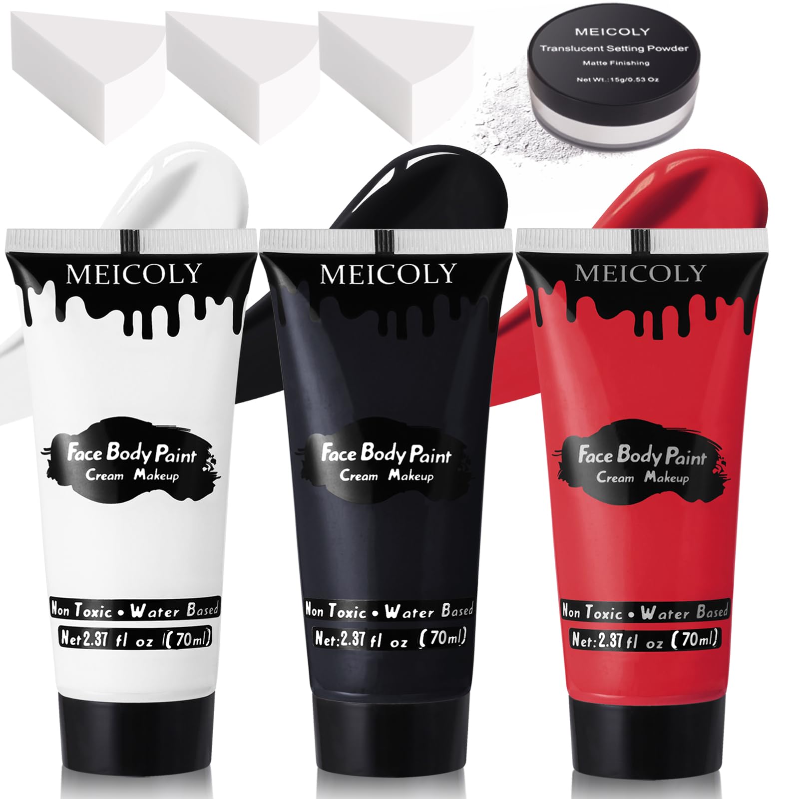 MEICOLY Black White Red Face Body Paint with Setting Powder and Sponges,Clown White Devil Joker Face Paint Makeup,Waterbased Bod