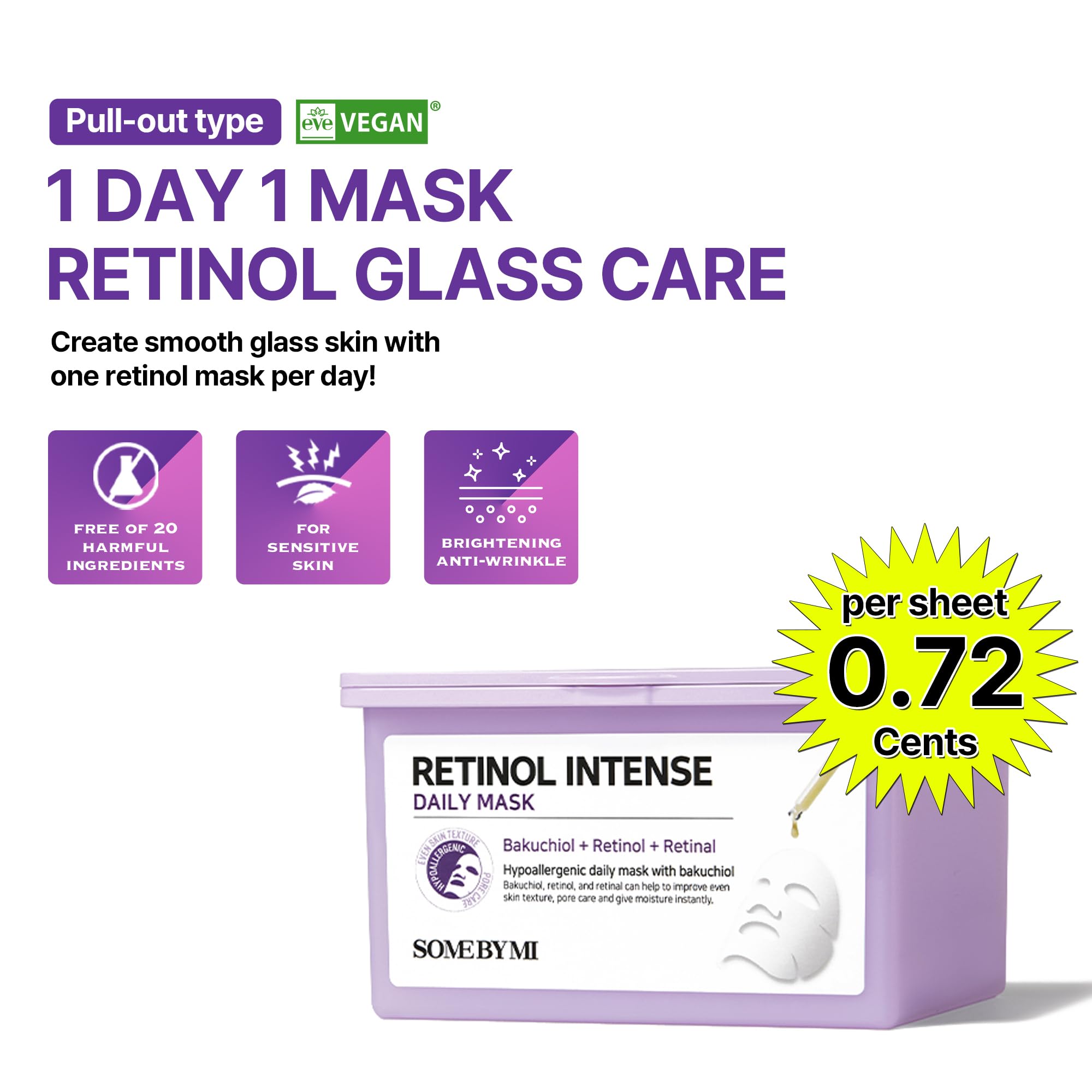Some By Mi Retinol Intense Daily Mask - 30 Sheets, 11.8Oz - Mild Korean Retinol Vegan Face Sheet Mask For Glass Skin Routine - S