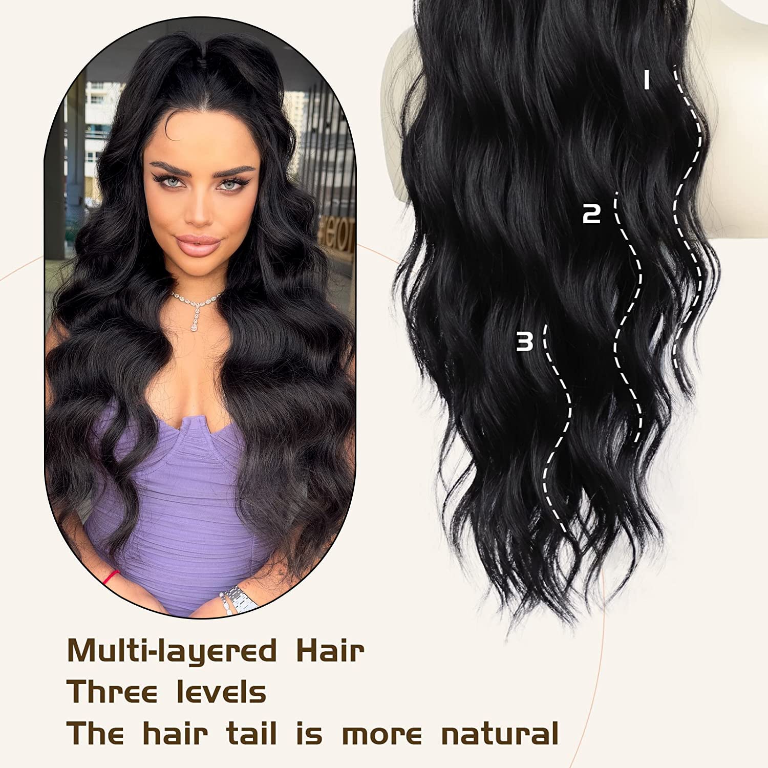 Freemeige Drawstring Ponytail Extension Long Body Wavy Black Ponytail Extension For Women Synthetic Hair Ponytail Extension Clip