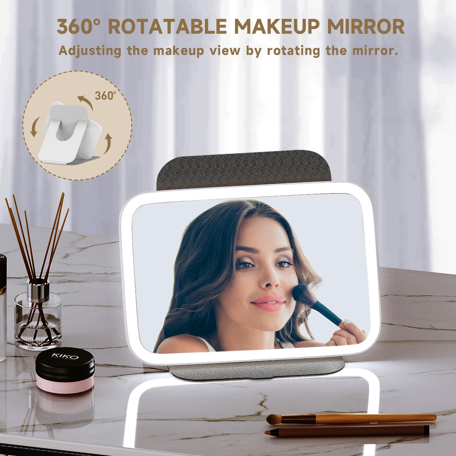 Mocado Travel Makeup Mirro With Lights, 360 Rotation Lighted Makeup Mirror, Portable Mirror With 10X Magnification, 60Leds 3 Col