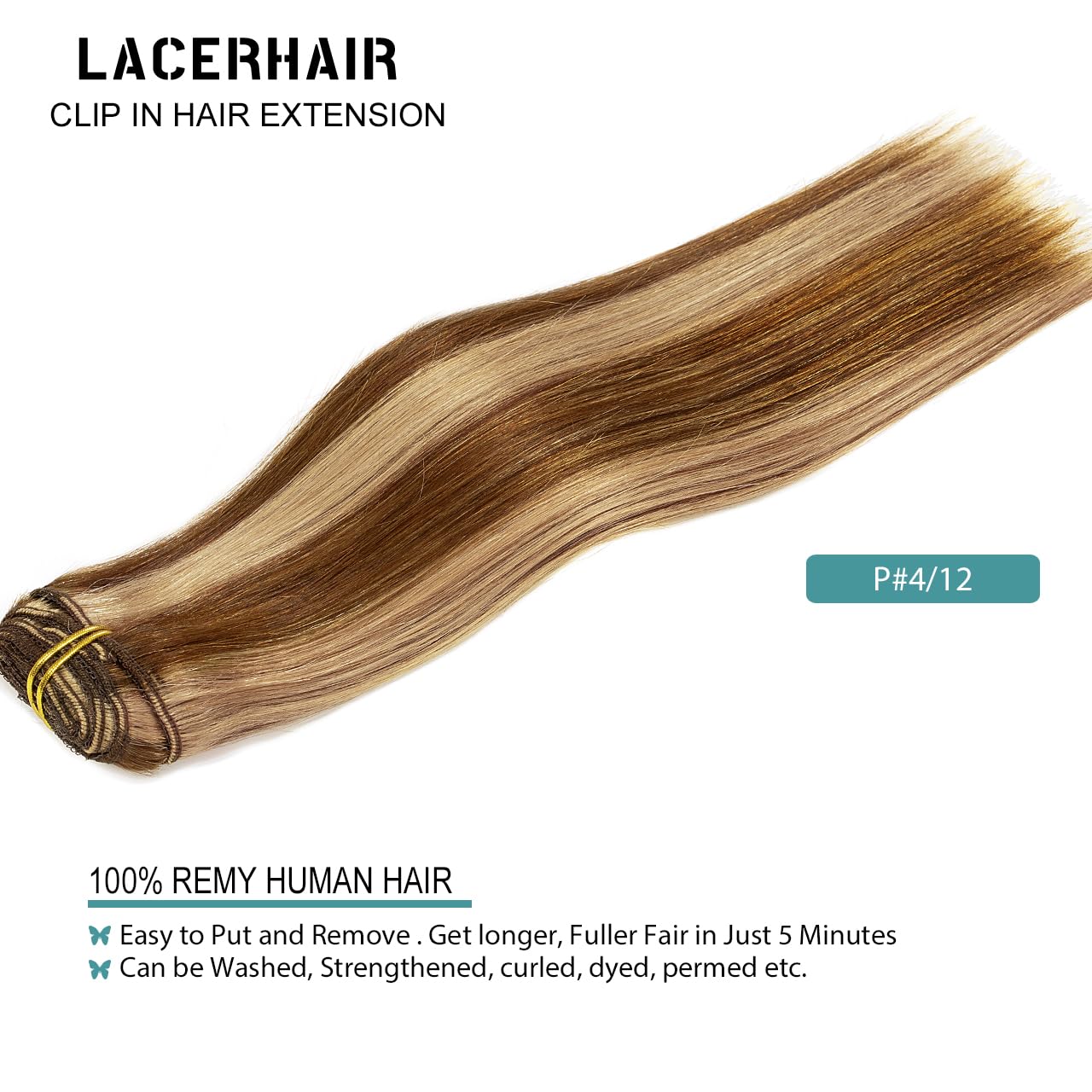 Lacer Clip In Extensions Real Human Hair Long Straight Hair Pieces 20 Inch Color Light Golden Brown Hightlight Chocolate Brown P
