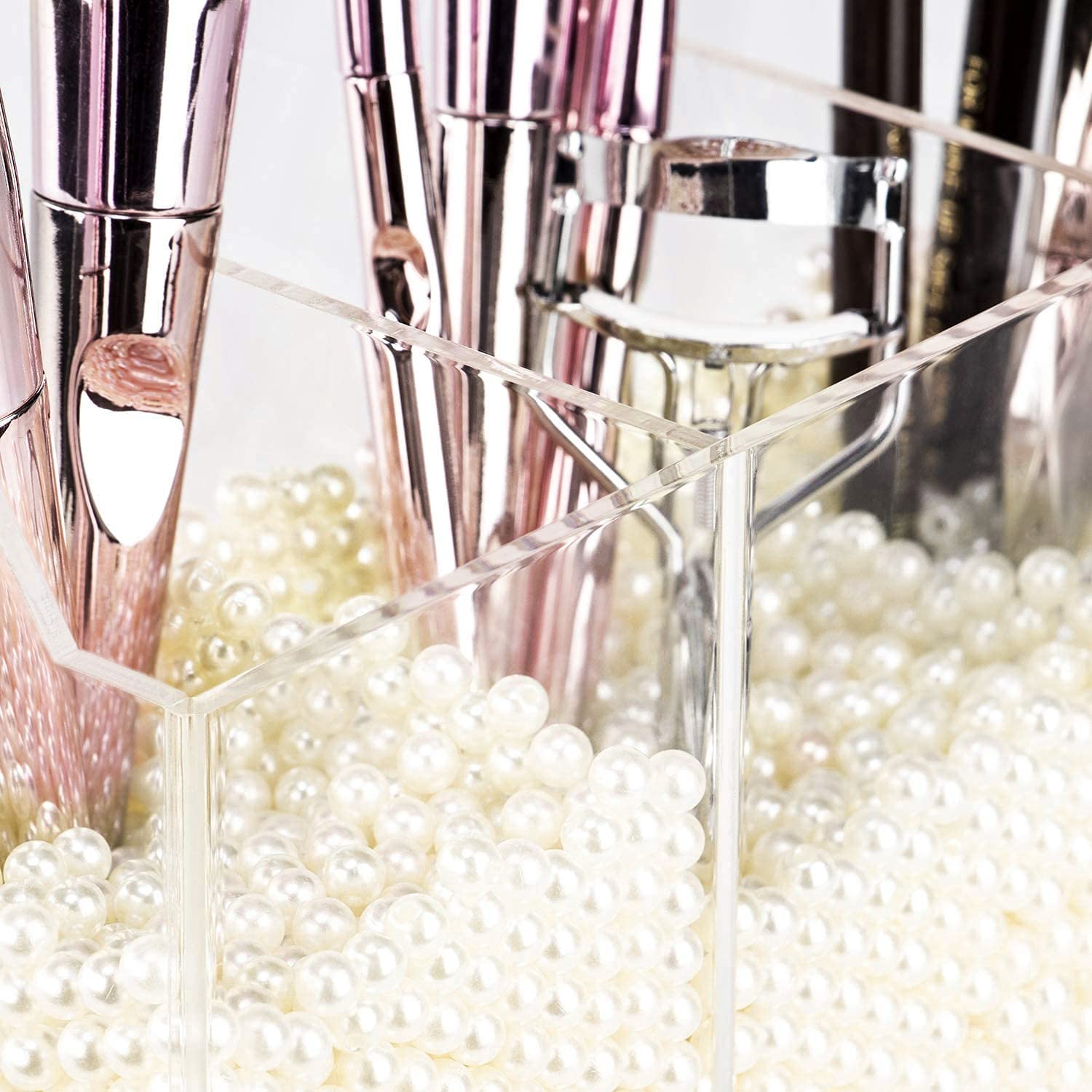 Yestbuy Clear Makeup Brush Holder, Acrylic Makeup Brush Organizer For Vanity, Cosmetic Brush Storage Box With Pearls, For Bathro