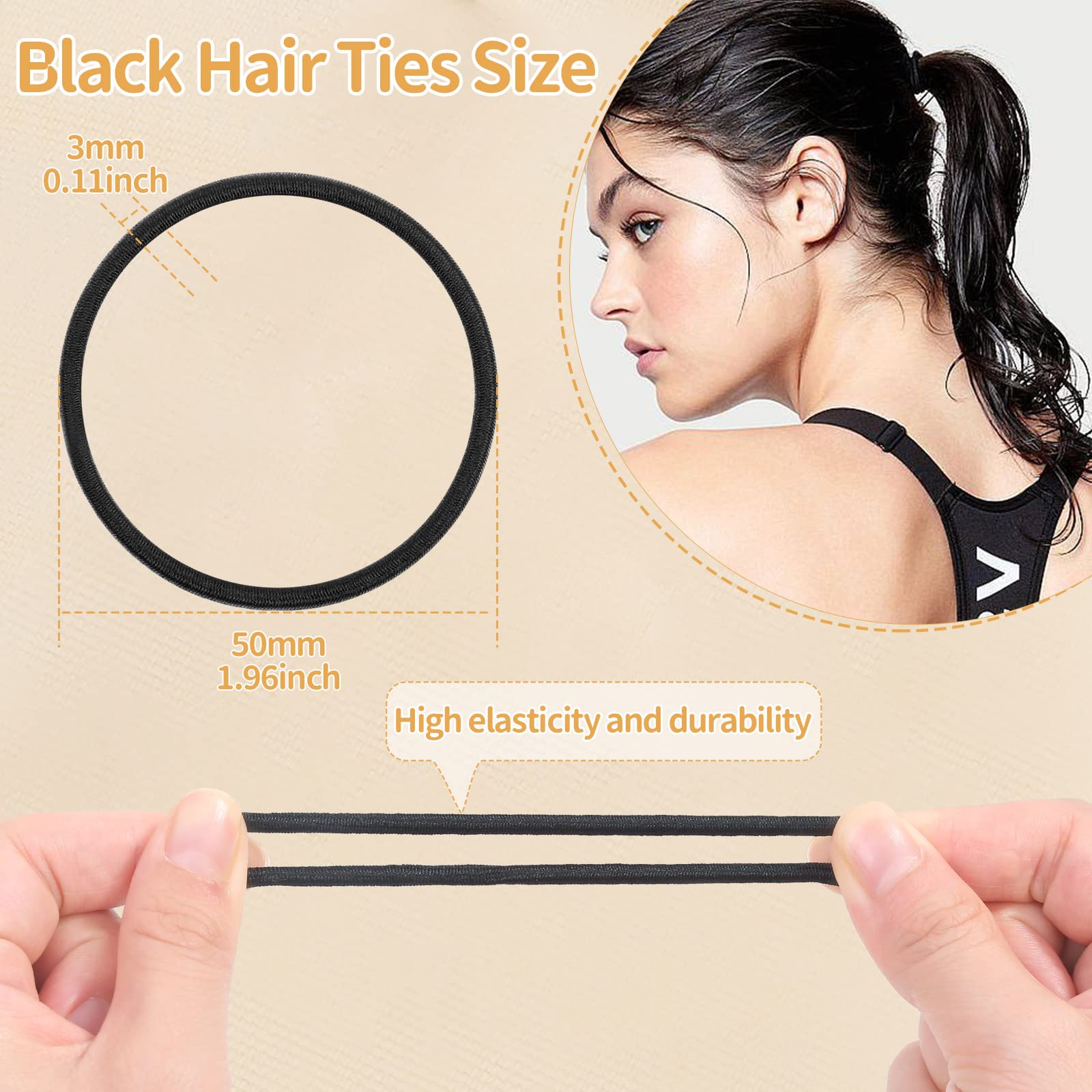 150 Pieces Black Hair Ties for Thick Curly Hair Bulk Hair Bands Ponytail Holders Hair Elastics for Women or Men (3mm)