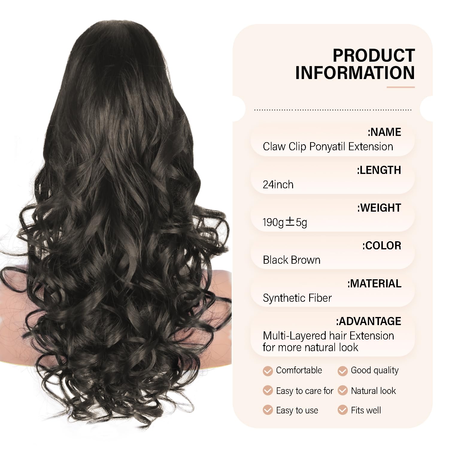 Zqian Beauty Dark Brown Ponytail Extension, 24 Inch Layered Ponytail Extensions For Women, Soft Curly Clip On Ponytails For Wome