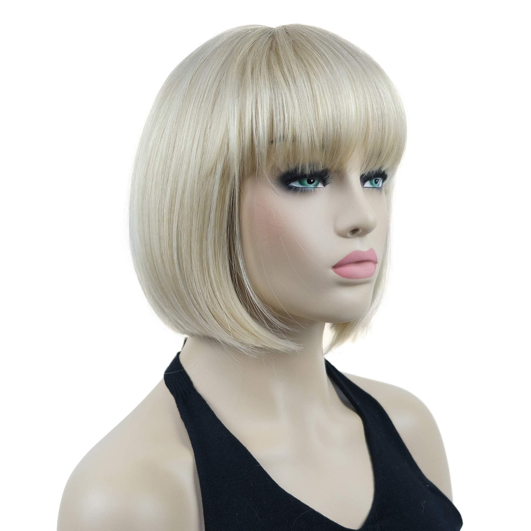 Lydell 8'' Straight Short Bob Hair Flat Bangs Cute Central Dot Skin Top Heat Resistant Synthetic Wigs (26 Bright Golden Blonde)