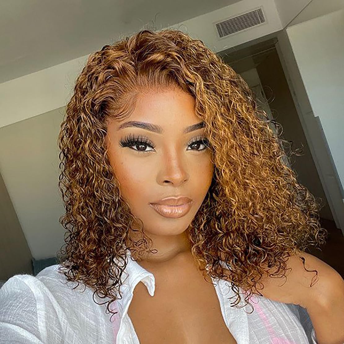 Maytune Highlight Glueless Bob Wigs Human Hair Pre Plucked Pre Cut Curly Human Hair Wigs for Black Women Ombre Deep Wave 4x4 HD 