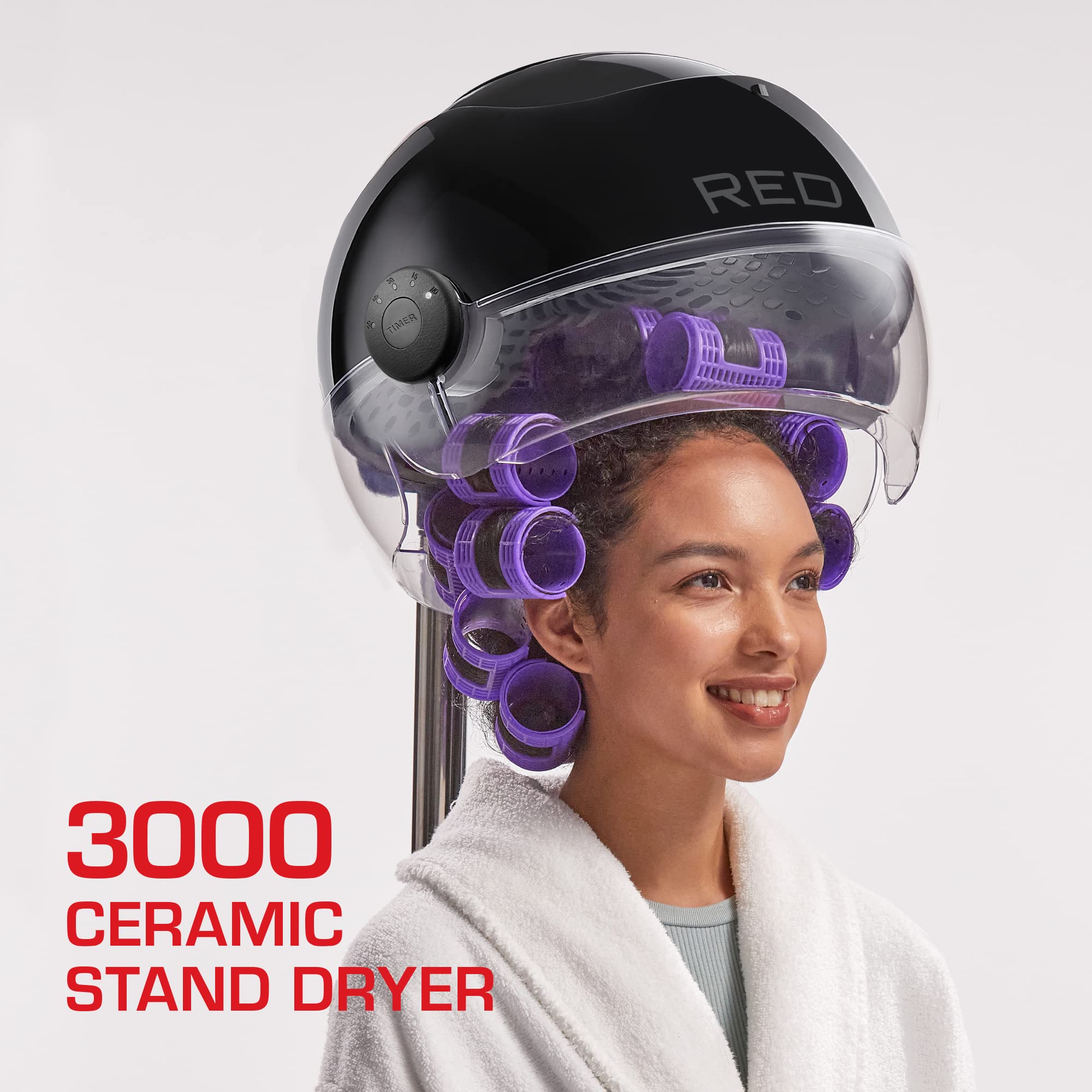 Red By Kiss 3000 Ceramic Stand Hood Dryer With Digital Timer, Adjustable Height, 360 Wheels, 3 Temp Settings, Quick Drying, Comf