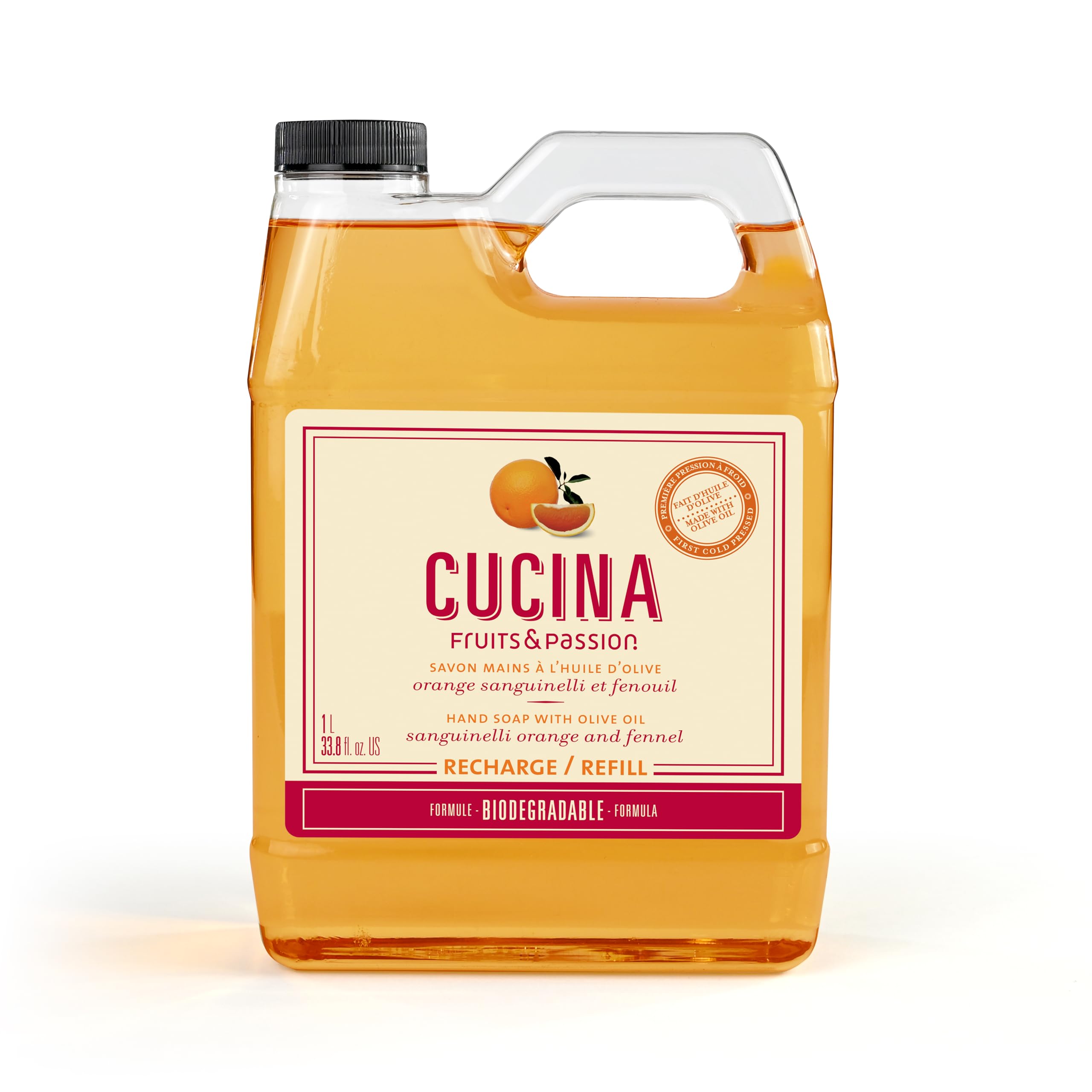 Cucina Fruits & Passion Hand Soap Refill - 1 Liter (33.8 oz) Sanguinelli Orange and Fennel - Purifying All Natural Kitchen Hand 