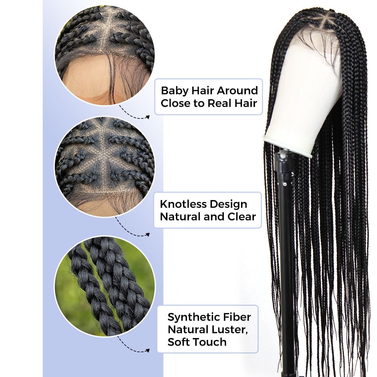 KRALER 36" Box Braided Wig for Black Women, Glueless Lace Knotless, Natural Black