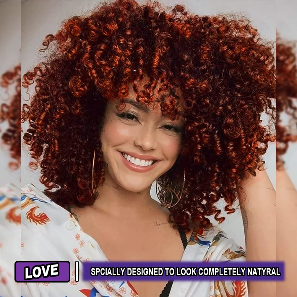 Yeame Curly Wigs For Black Women - Curly Afro Wig With Bangs Orange Mixed Brown Synthetic Hair Afro Curly Wigs With 1 Wig Comb A