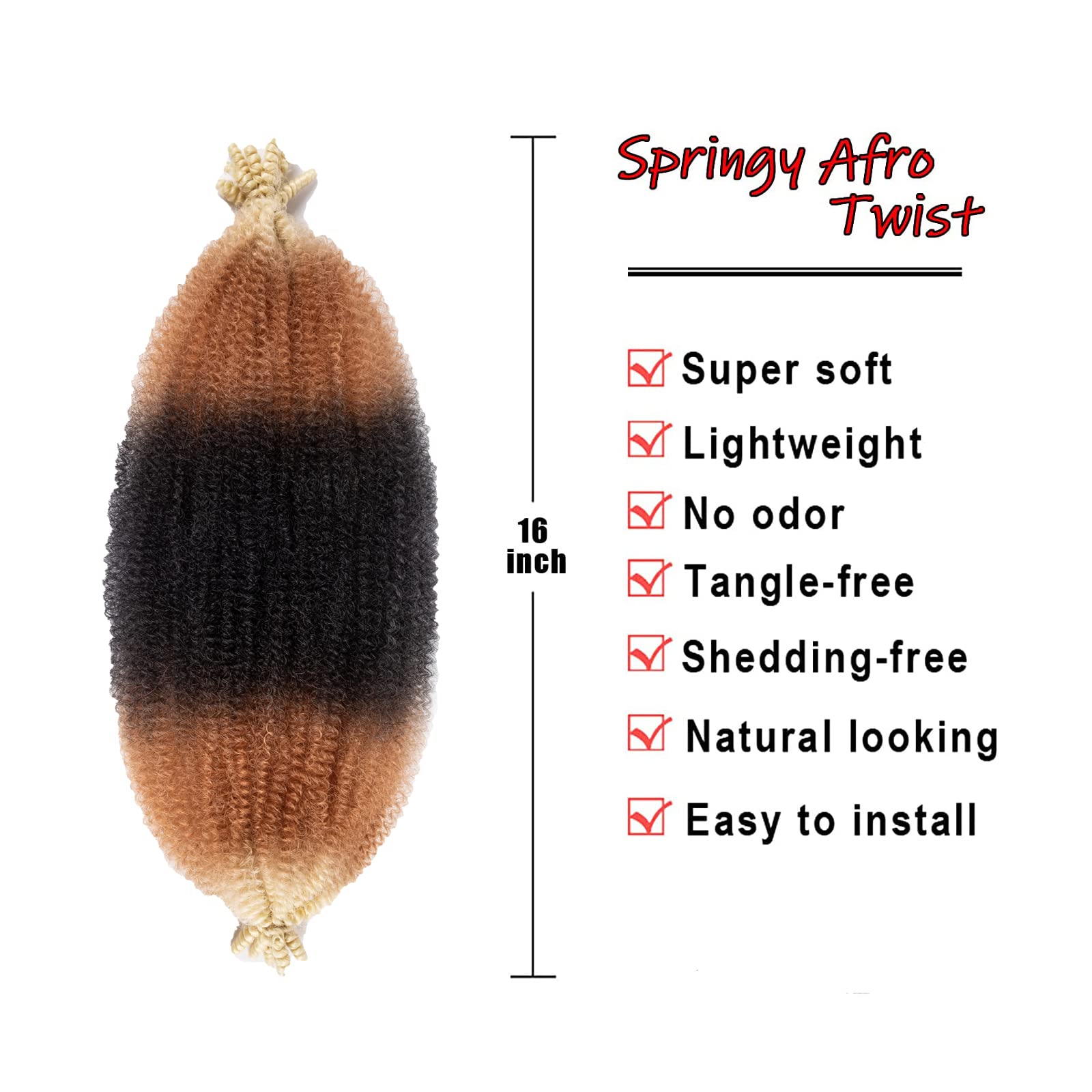 Blonde Brown Ombre 8 Packs Springy Afro Twist Hair 1B27613# 16 inch 3 Tones Pre-Separated Kinky Marley Twist Braiding Hair Soft
