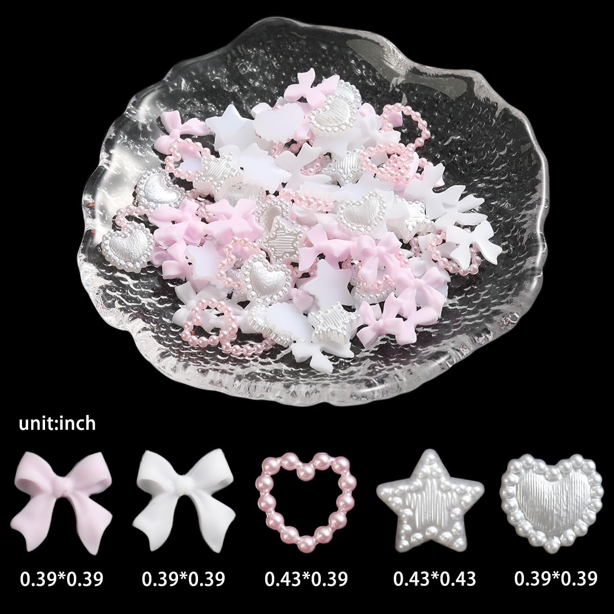 Fcozpjk Bows Nail Charms, 100Pcs Bow Charms For Nails, White Pink Heart Stars Round Multi Shape Pearl Nail Charms, Flatback Kawa