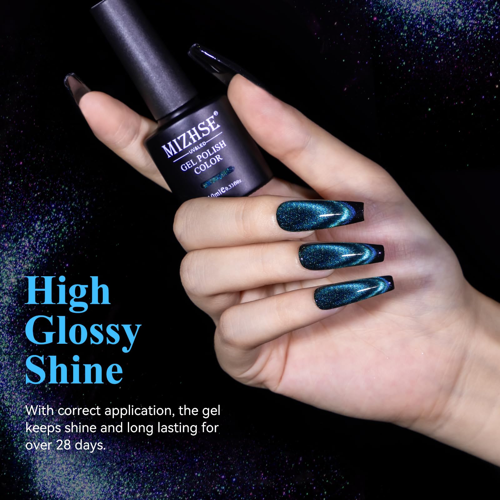 Mizhse 9D Cat Eye Gel Nail Polish, Dual Colors Blue & Purple Magnetic Gel Polish With Magnet Stick, Magic Chameleon Galaxy Effec