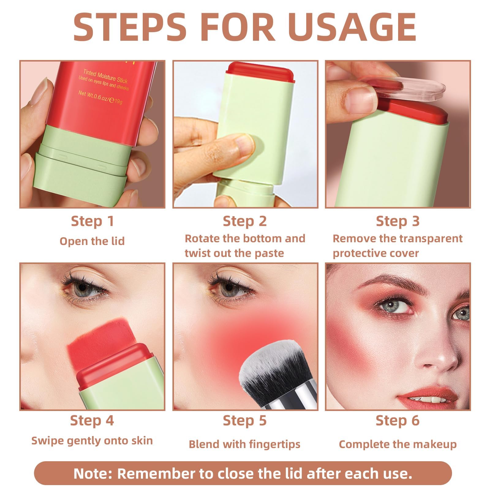 Hosaily Cream Blush Stick For Cheeks, Multi-Use Makeup Blush Stick For Eye Lip Face, Travel-Friendly Tinted Solid Moisturizer Ma
