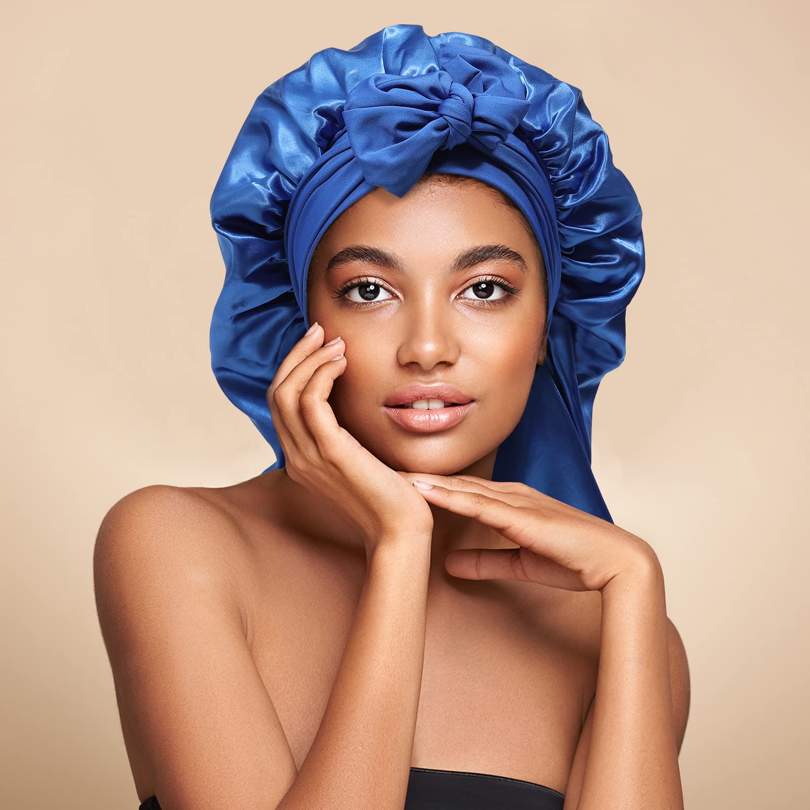 Awaytr Long Satin Bonnet For Braids - Elastic Silk Hair Bonnets For Sleeping Night Cap Stretchy Tie Band For Women(Royal Blue)