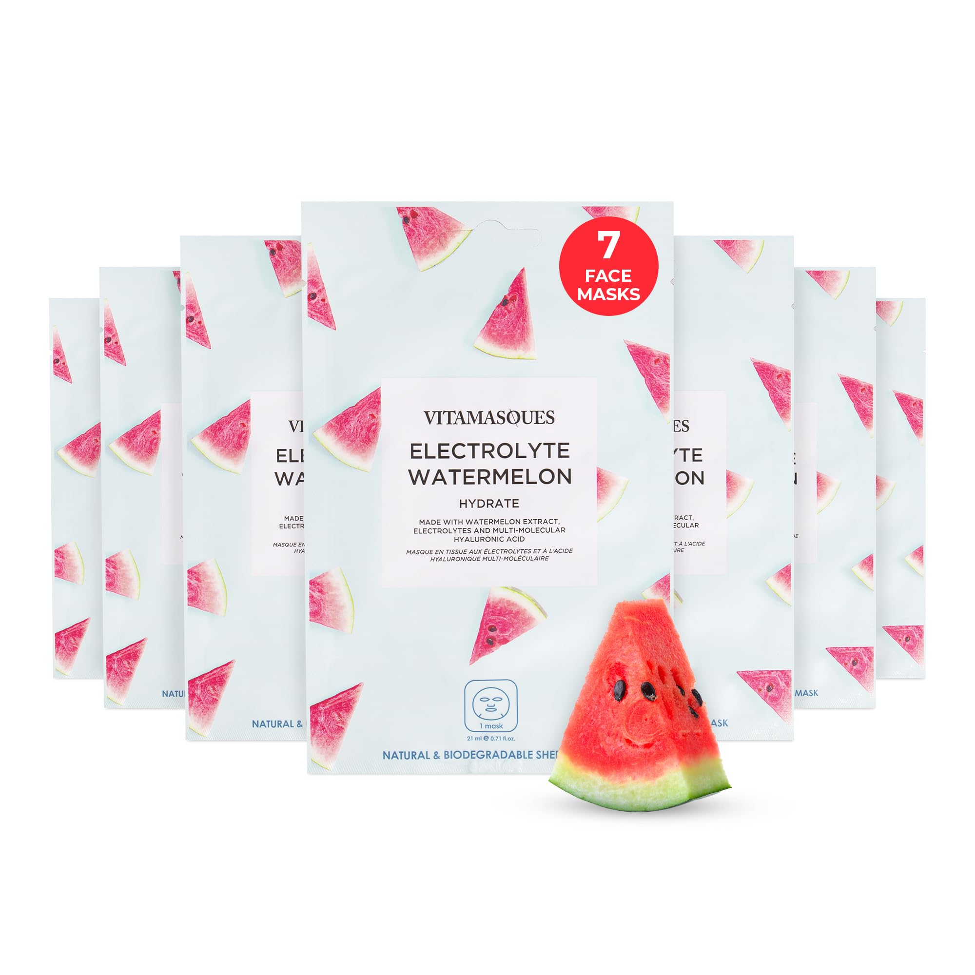 Vitamasques Electrolyte Watermelon Face Sheet Mask, 7 Pack, Boosts Skin Elasticity, Hydrating, Moisturizing, Plant-Based, Vegan-