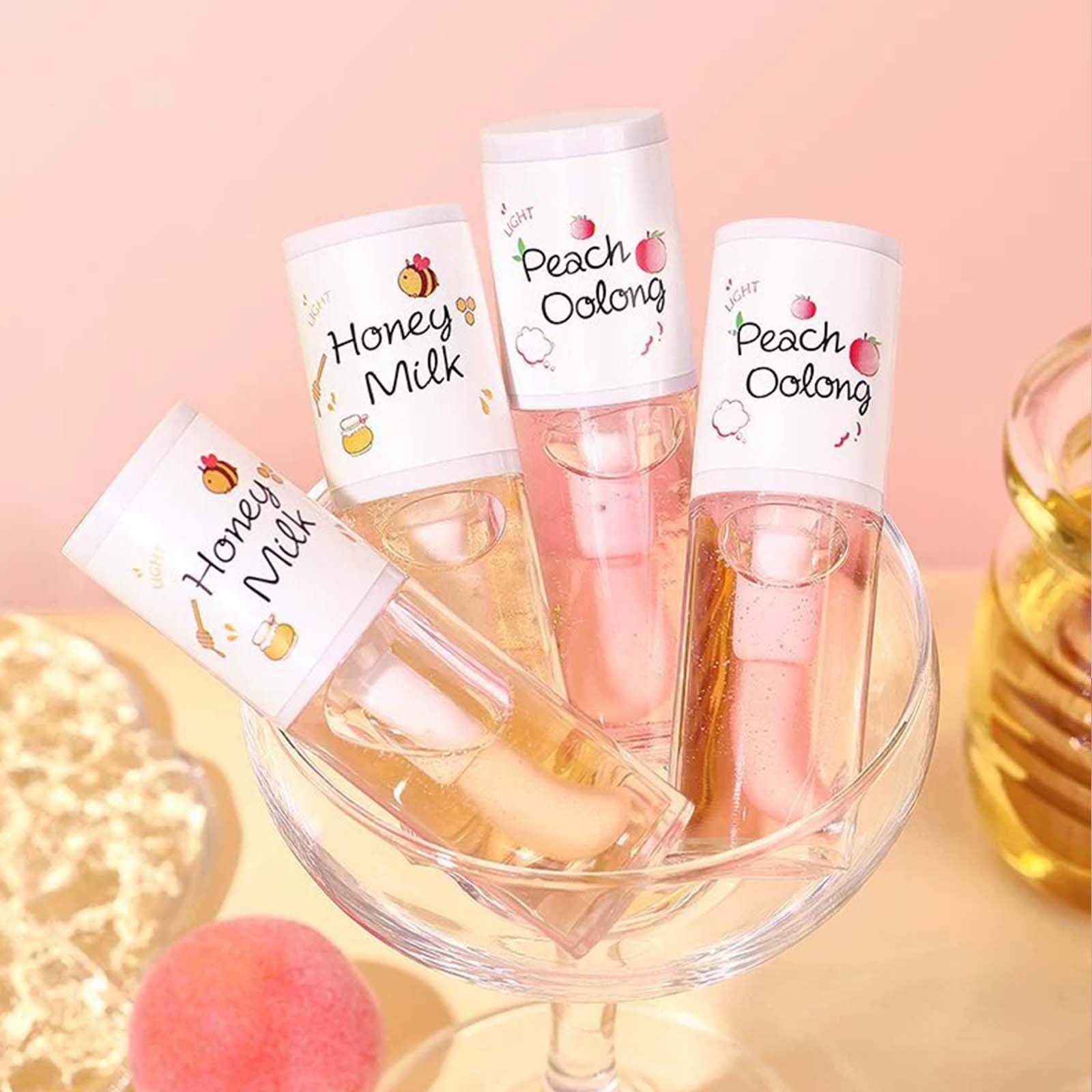 KTouler 4PCS Tinted Hydrating Lip Oil Set,Clear Lip Gloss,Honey Lip Oil,Lip Gloss Flavoring Oil Long Lasting Nourishing for Wome