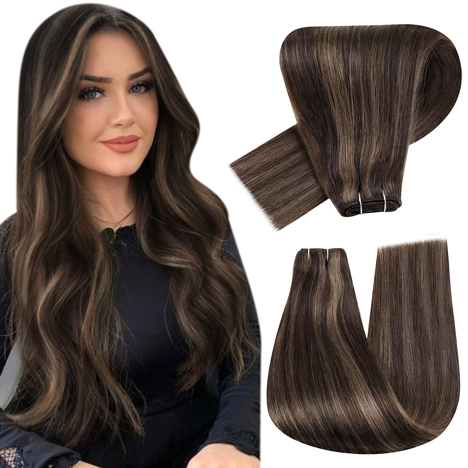 Hetto Ash Brown Sew in Extensions Human Hair Weft #2/8 Brown Highlighted Weft Hair Extensions Human Hair Bundles 100g 20 Inch Fu