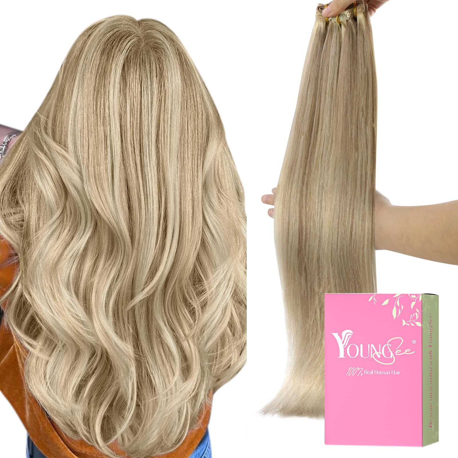 YoungSee Clip on Hair Extensions Blonde Highlight Clip in Real Hair Extensions Light Blonde Highlighted Golden Blonde Comfortabl