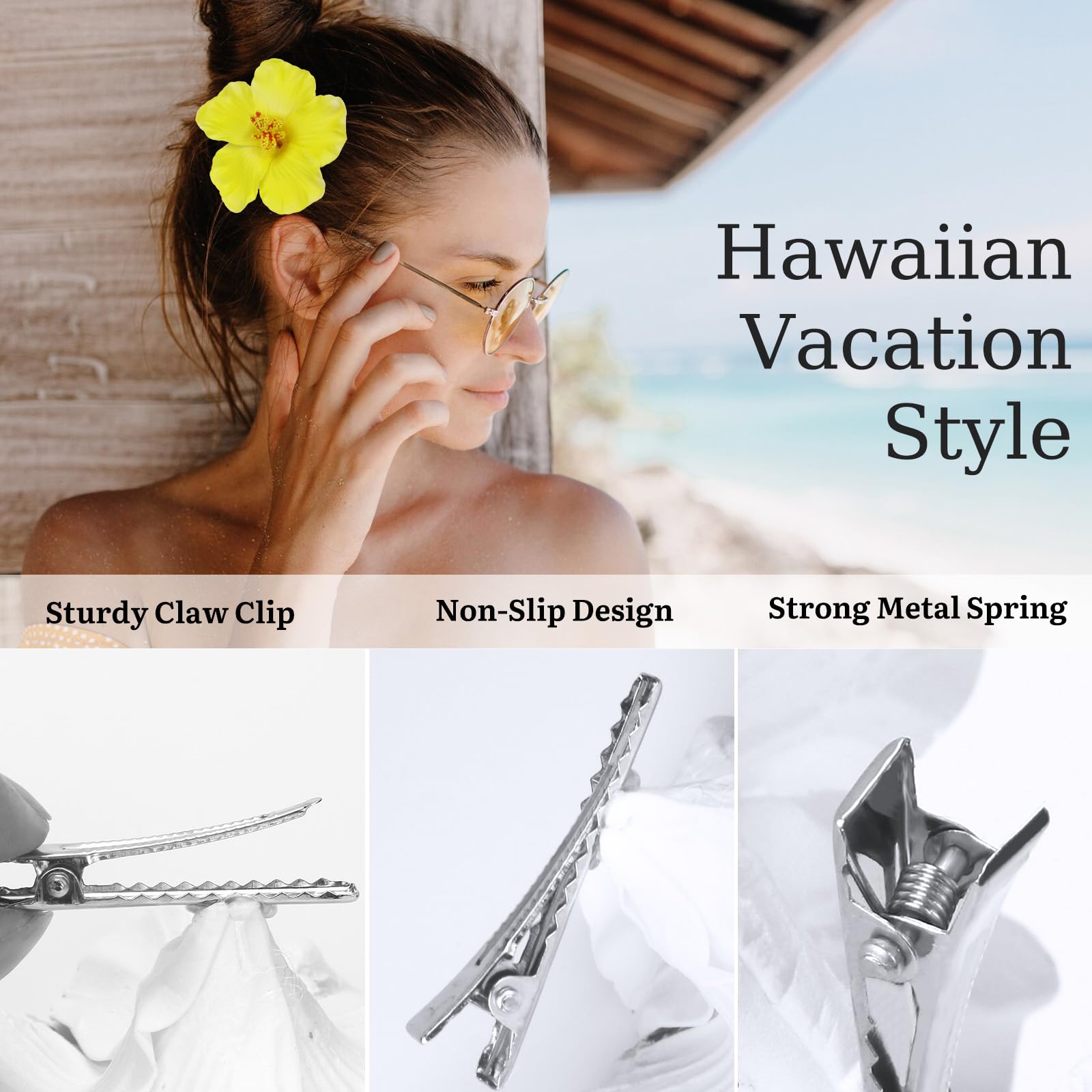 Vodolo Hawaiian Flower Hair Clips For Women,4Pcs 3.5 Inch Artificial Flower Clips,Plumeria Hibiscus Hairclip For Beach Party,Cut