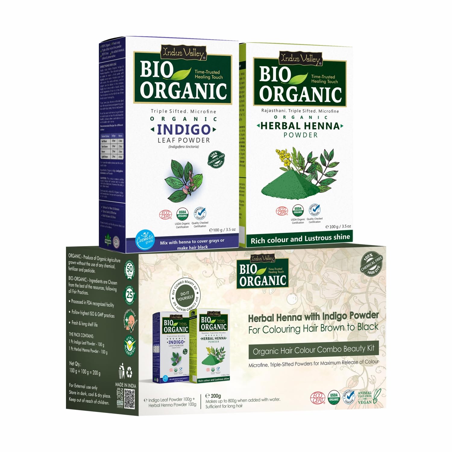 INDUS VALLEY Bio Organic 100% Pure Indigo Powder & Herbal Henna Powder Hair Color Combo Kit for Natural Hair Dyeing - Black, Ind