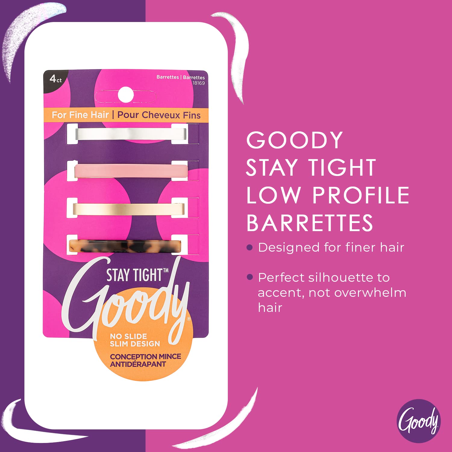 GOODY Hair Barrettes Clips for Fine Hair - 4 Count, Assorted Colors, Slideproof, Pain-Free Accessories for All Ages