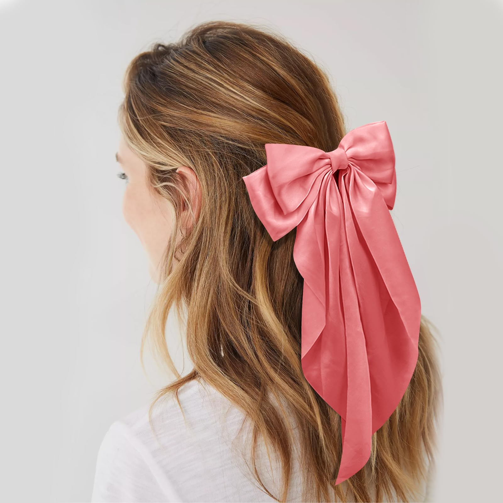 Big Watermelon Red Silky Satin Hair Bows For Women - Long Tail Cute Ribbon Coquette Hair Clips And Barrettes For Girls
