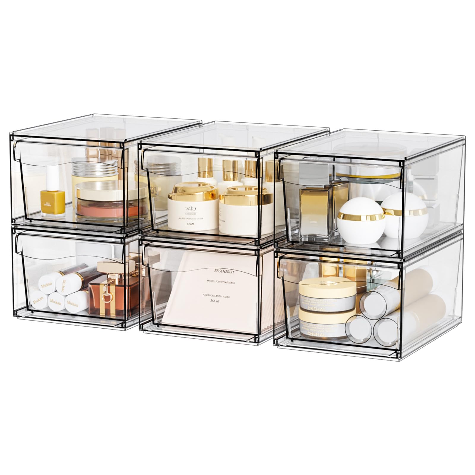 6 Pack Clear Stackable Storage Drawers,12 W Large Bathroom Makeup Organizer and Pen,Sunglass,Medicine,Baby Bottle Organizer,Plas