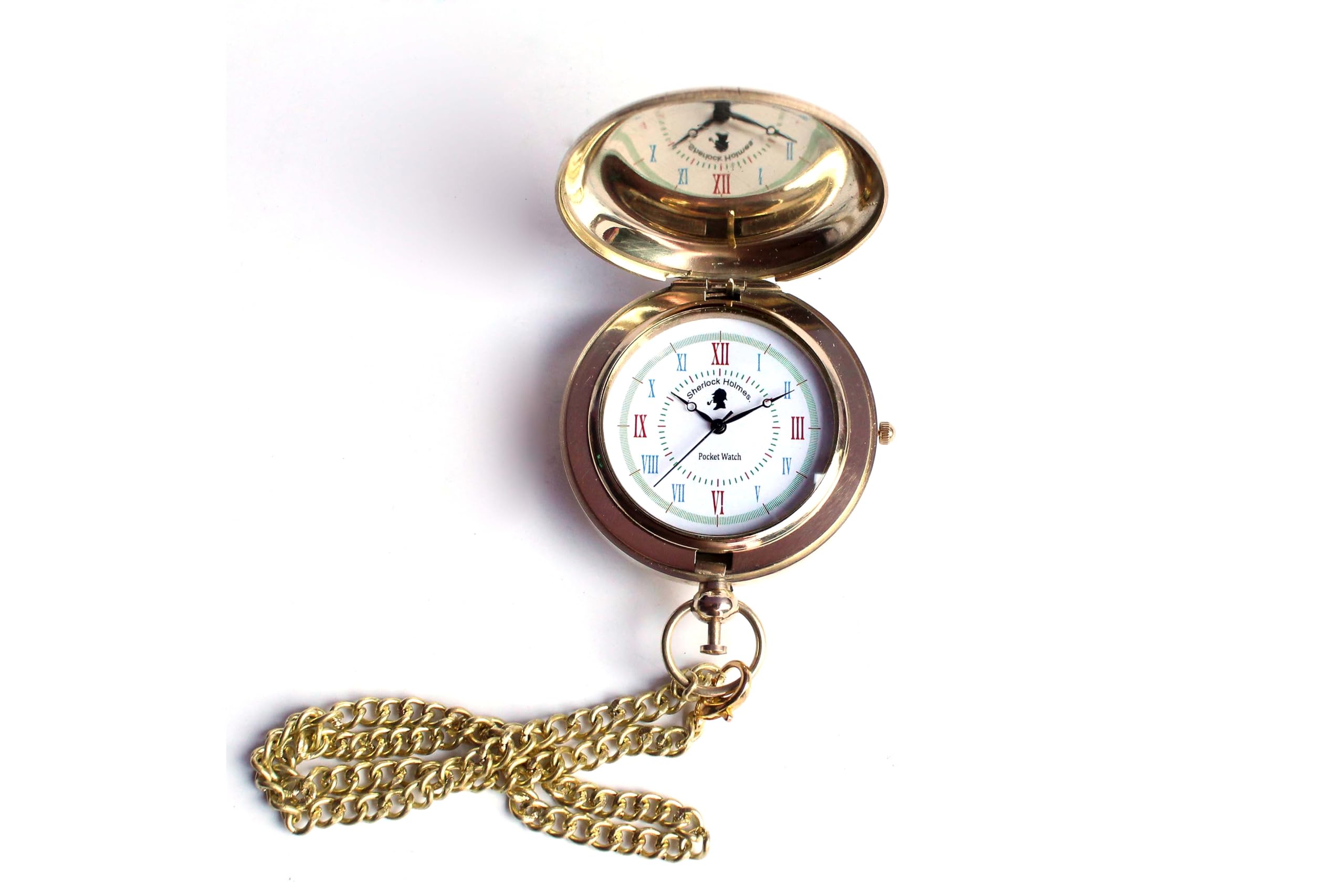 Divine Handicraft Unisex Antique Style Brass Analog Pocket Watch With Chain, Golden, Puch Button Open Sherlock Holmes., Gold