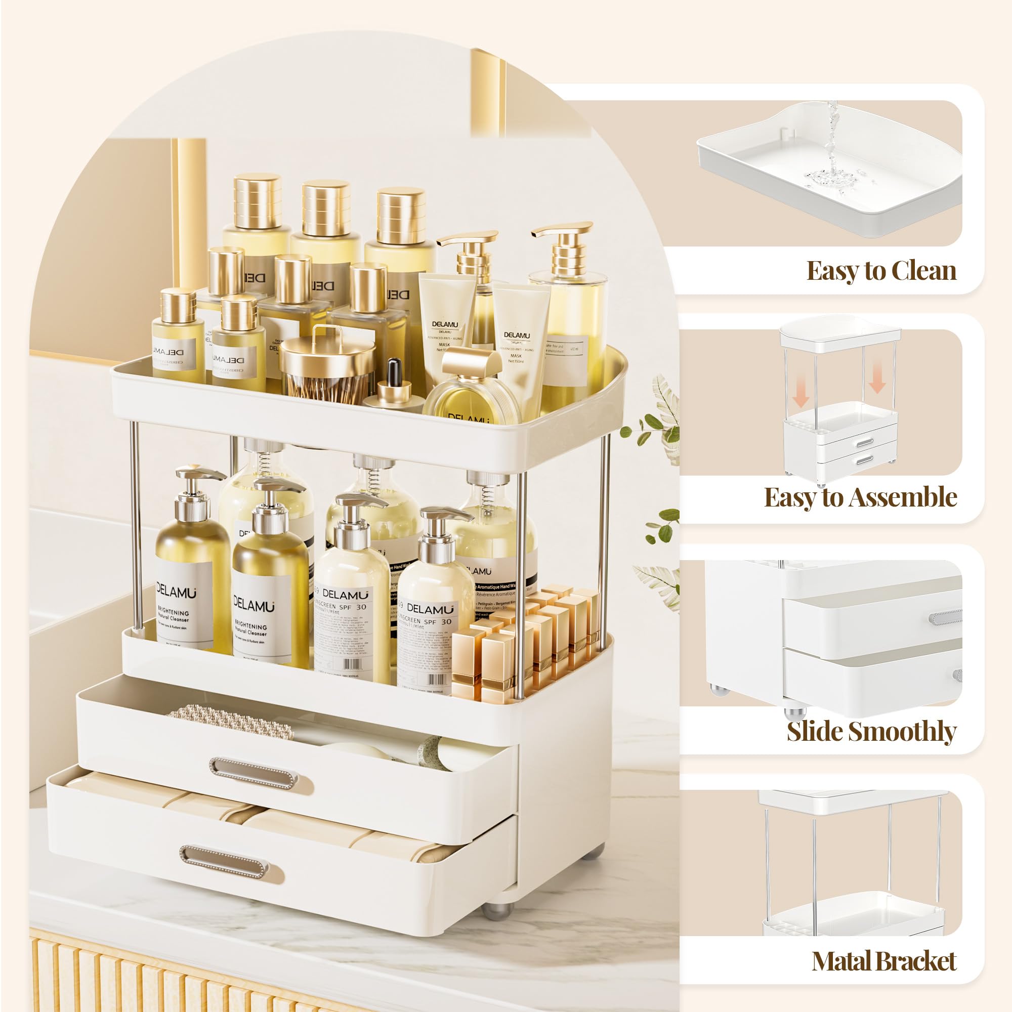Delamu Bathroom Counter Organizer with Lipstick Holder, 4-Tier 2-Drawers Makeup Organizer, Bathroom Organizers and Storage for V