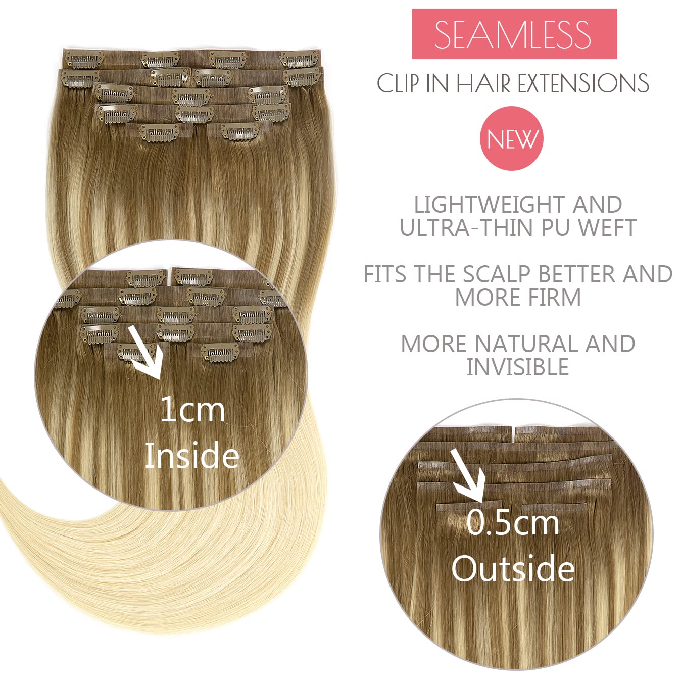 Loxxy 22Inch Seamless Real Hair Extensions Clip In Human Hair Ultra Thin Pu Weft Invisible Balayage Light Brown Fading To Light