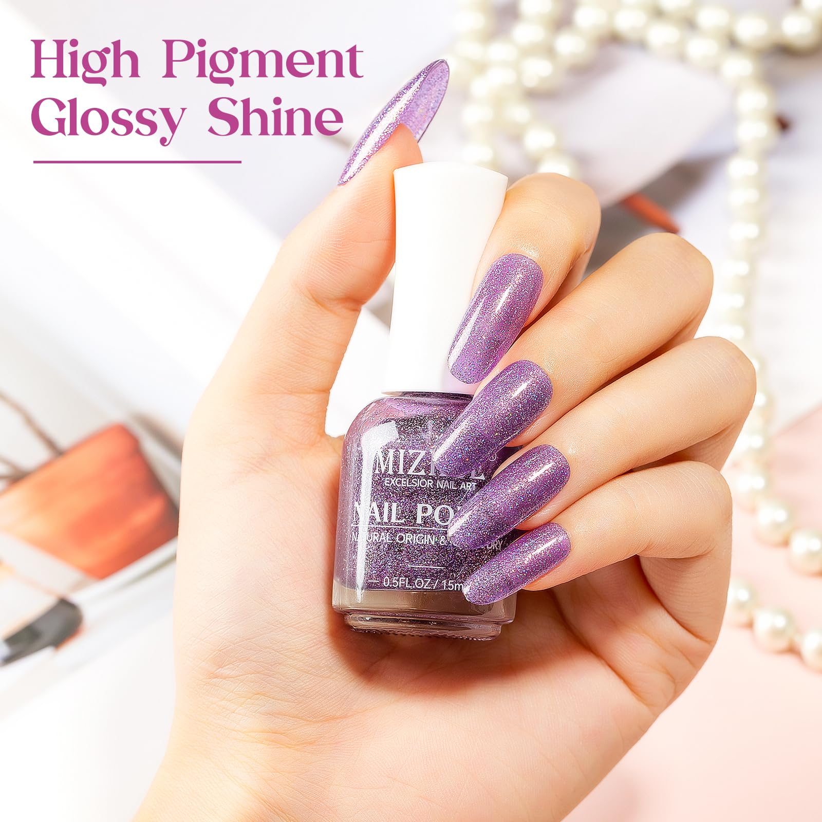 Mizhse Air Drying Fast Nail Polish, Glitter Purple Nail Polish Non Gel Quick Dry, 15Ml/0.5 Fl Oz Regular Sparkle Shimmery Oil-Ba