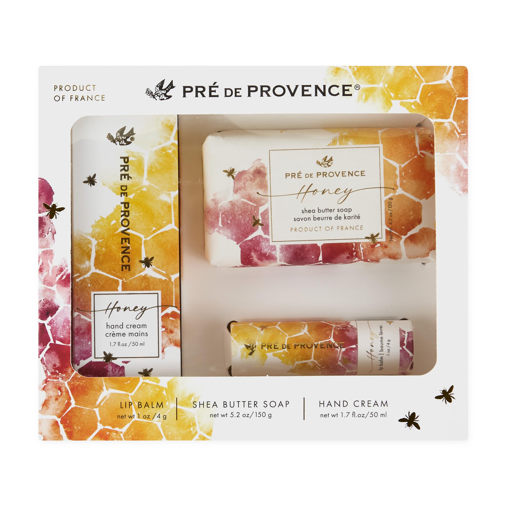Pre de Provence Honey Collection Gift Set  Soap Bar, Hand Cream & Lip Balm  Skincare Trio with Organic Honey, Propolis & Royal