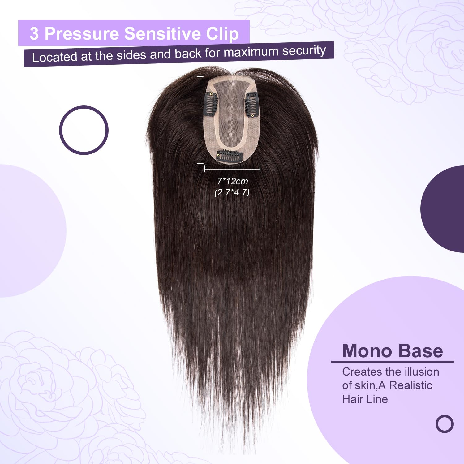 JIAJIA Teresa 10 Inch Human Hair Topper with Bangs,7 * 12CM Full Hand Tied Mono Base Toppers with Bangs Straight Clip in Human H