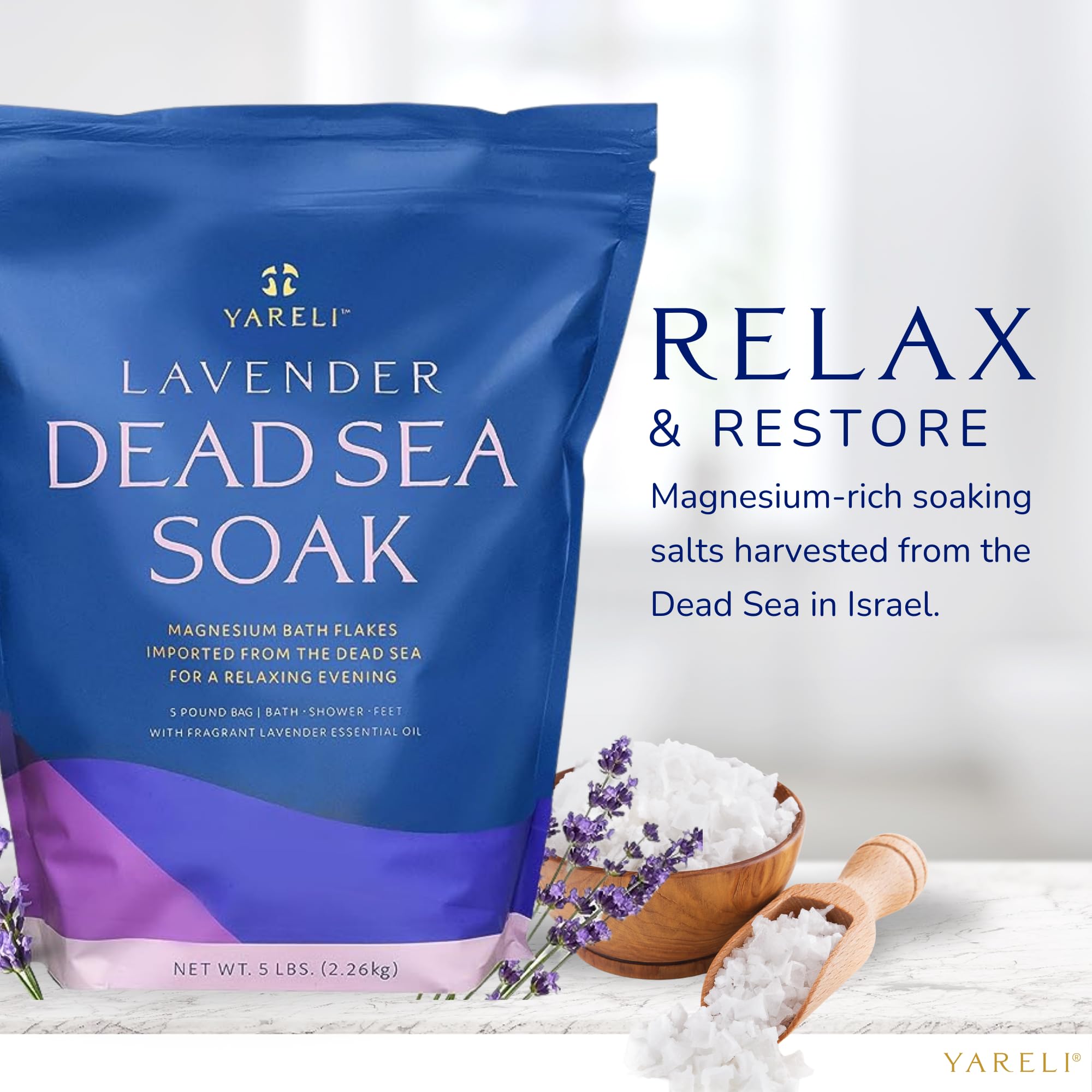 Yareli Dead Sea Bath & Foot Soak, Lavender Magnesium Bath Salt Flakes, Alternative To Epsom Salt, 5Lbs With Over 250,000Mg Of El