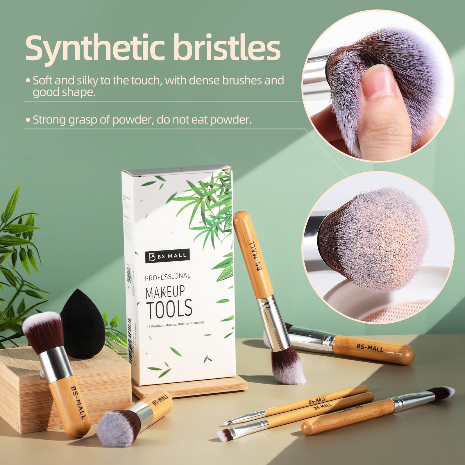 BS-MALL 11Pcs Bamboo Makeup Brush Set - Synthetic Kabuki Brushes for Foundation, Powder, Blending, and Eye Shadows with Organizer Bag