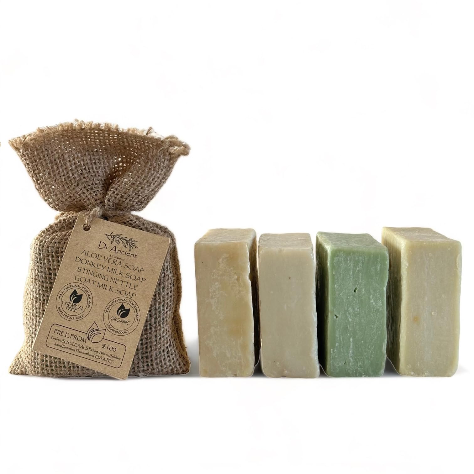 Dr.Ancient Aloe Vera Soap + Stinging Nettle Soap + Goat Milk Soap + Donkey Milk Soap Organic Natural Traditional Handmade Antiqu