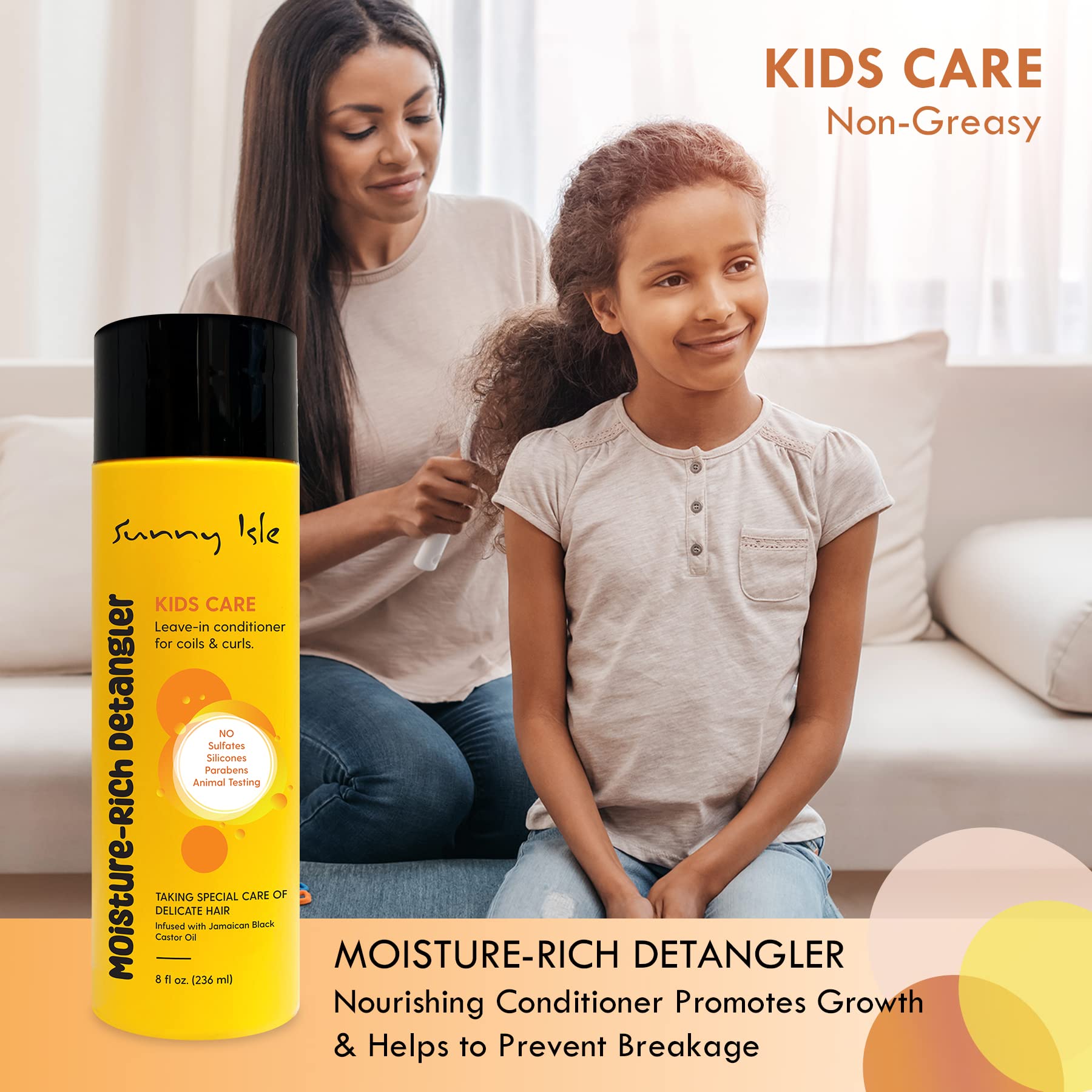 Sunny Isle Kids Care Moisture-Rich Leave-In Detangler 8oz | Gentle Care Non-Greasy Conditioner for Children's Coils, Waves, Curl