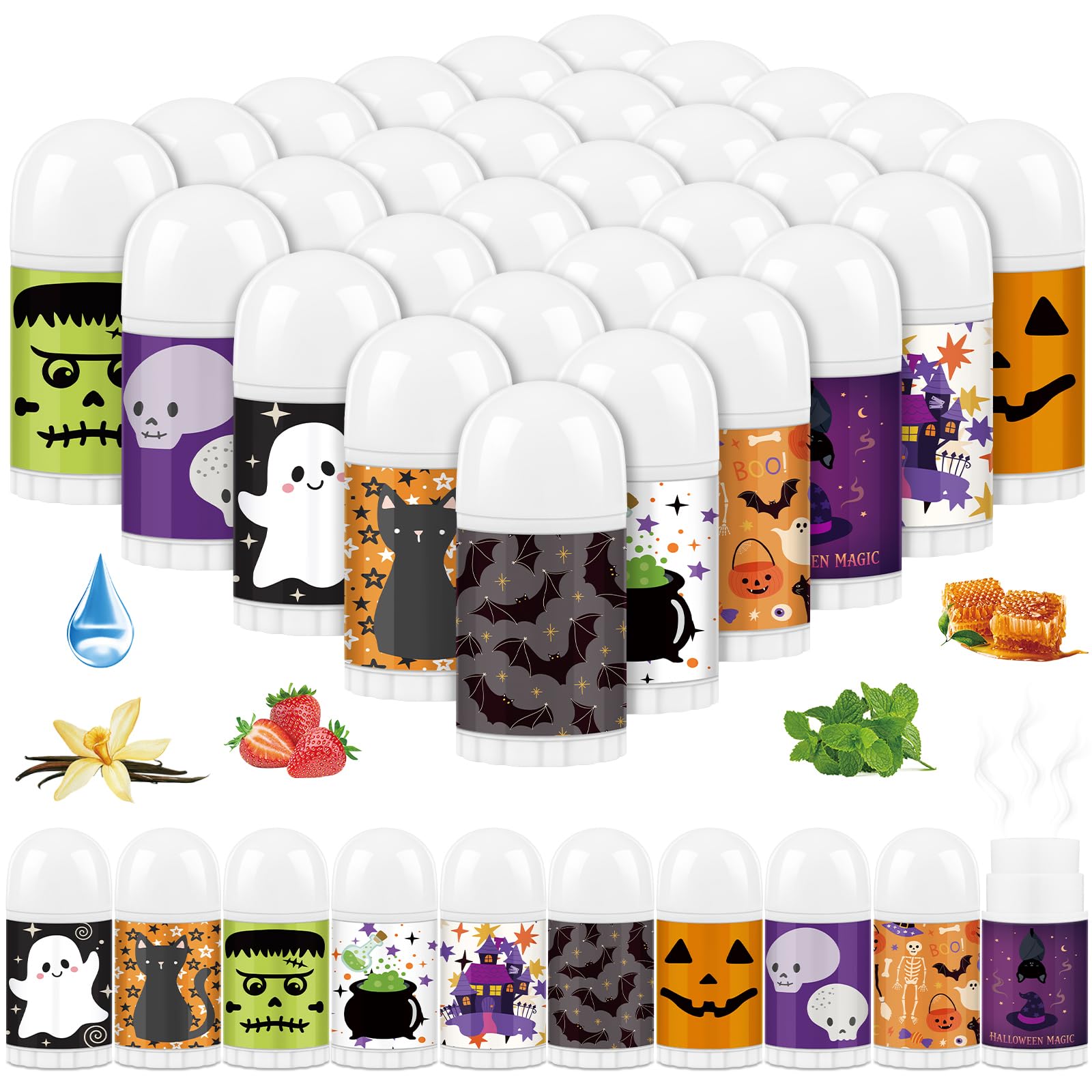 30 Pcs Halloween Mini Lip Balm Bulk, Spooky Party Favors, Treat Bag Fillers